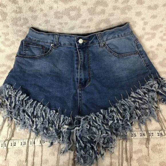 American Bazi jean shorts women’s large blue denim raw edge chain medium wash - Picture 1 of 7